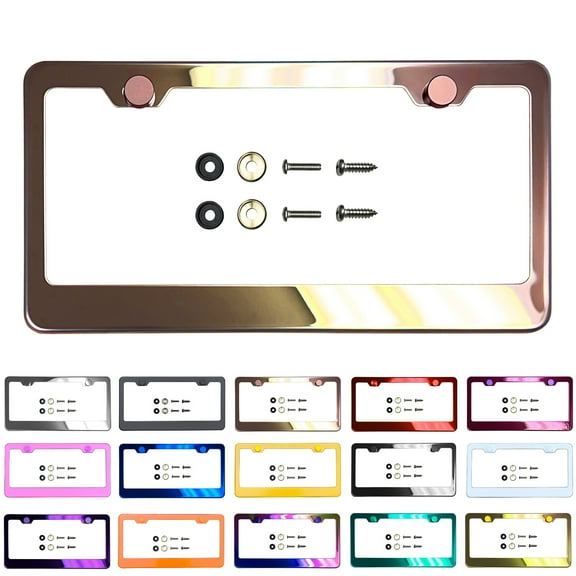 KA Depot Rose Gold Chrome Polish Mirror License Plate Frame T304 Stainless Steel + Metal Screw Caps