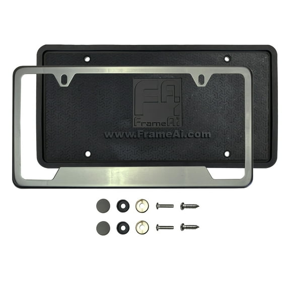 KA Depot Silicone Back Guard Bottom Cut Out License Plate Holder Black Smoke Titaninum Gun Metal Chrome License Plate Frame T304 Stainless Steel + Metal Screw Caps