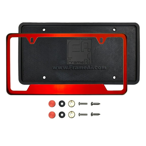 KA Depot Silicone Back Guard Bottom Cut Out License Plate Holder Red Chrome Mirror License Plate Frame T304 Stainless Steel + Metal Screw Caps