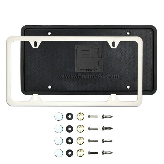 KA Depot Silicone Back Guard Four Holes Slim License Plate Holder Matte Flat White License Plate Frame T304 Stainless Steel + Metal Screw Caps