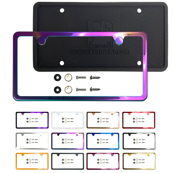 KA Depot Silicone Back Guard Two Holes Slim License Plate Holder Neon Neo Chrome Mirror License Plate Frame T304 Stainless Steel + Metal Screw Caps