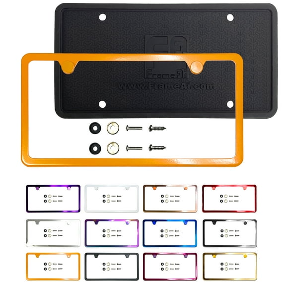 KA Depot Silicone Back Guard Two Holes Slim License Plate Holder Solar Orange License Plate Frame T304 Stainless Steel + Metal Screw Caps