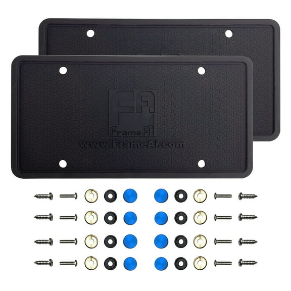 KA Depot Two Silicone License Plate Frame Back Guard Holder Rust-Proof Rattle-Proof Weather-Proof + Blue Aluminum Screw On Caps Hardware