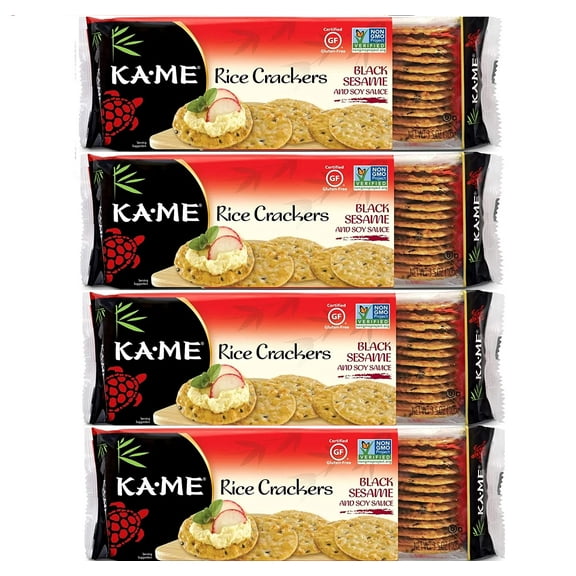 KA-ME Black Sesame and ZS23 Soy Sauce Rice Crackers 3.5 oz, Authentic Asian Ingredients, Certified Gluten-Free, No Artificial Flavors/Colors, Non GMO - (4 Pack)