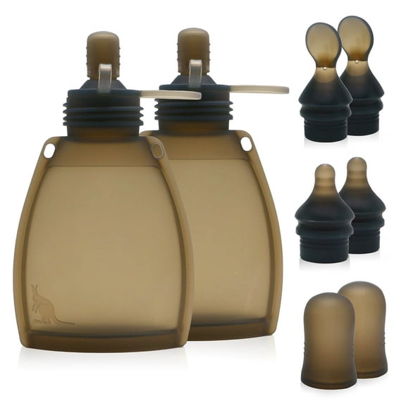 KAANG Silicone Baby Food Pouches Refillable 5oz 2 Pack, Reusable Food Pouches for Baby Food Storage, Squeeze Pouches with Spoon Feeder for Toddlers and Babies, Washable and Freezer Safe