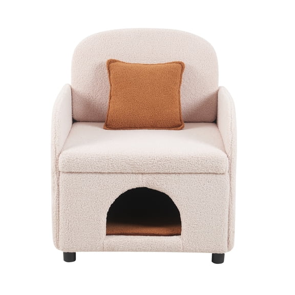 KAAYEE 2-in-1 Furniture Style Pet-Friendly Sherpa Upholstered Armchair with Lumbar Pillow and Hidden Pet Nook, Cream White