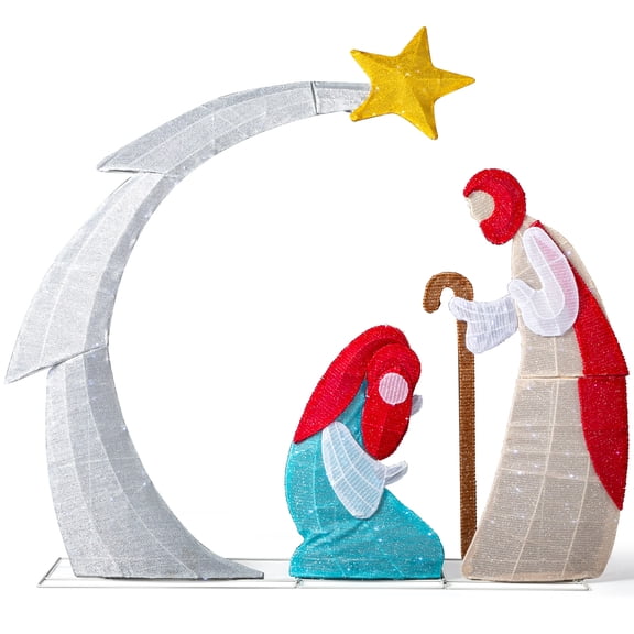 KAAYEE 3.7 ft Lighted 2D Nativity Scene, Pre-Lit Moon & Star Silhouette with 170 White LEDs, Quick Assembly, Weather-Resistant Metal/Mesh with Stakes for Lawn, Porch or Indoor Holiday Displays