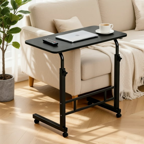 KAAYEE 31.5in C-shaped Side Table for Computer Desk,Adjustable Height Portable Rolling Table for Sofa Bed Home Office,Brown
