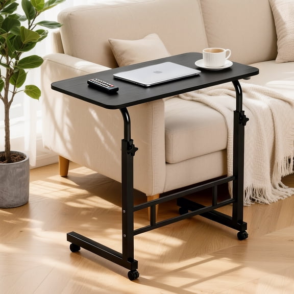 KAAYEE 31.5in C-shaped Side Table for Computer Desk,Adjustable Height Portable Rolling Table for Sofa Bed Home Office,Brown