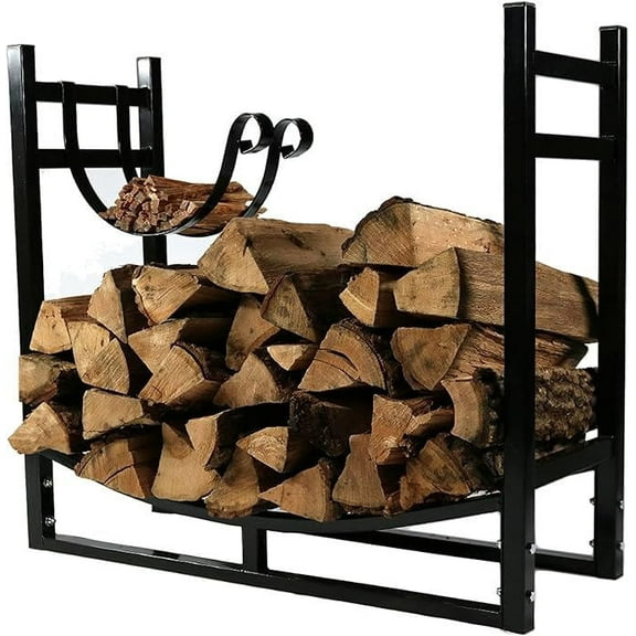 KAAYEE 34 inch Firewood Rack with Kindling Hooks,Heavy Duty Wood Storage Holder for Fireplace Deck Outdoor Indoor,Black