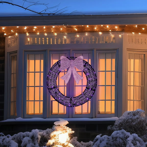 KAAYEE 36in Outdoor Christmas Wreath Decorations,Large Lighted Christmas Outdoor Decoration with 175 Lights & Red Bow,LED Metal Holiday Decor for Outside,Exterior Window,Wall,Front Door,Purple