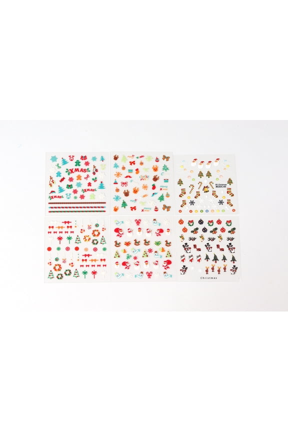 3D Christmas Nail Stickers Set, Korean Made Holiday Nail Art Decals with Santa, Snowflake, Tree and Reindeer Designs for Easy DIY Festive Manicure, 6 Sheets