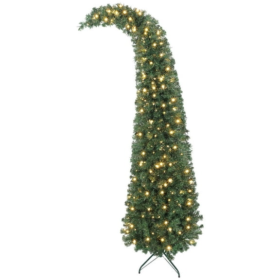 KAAYEE 6' Bent-Top Prelit Slim Christmas Tree, 200 Warm White LEDs (8 Modes), 493 Tips, Sectioned Easy Setup, Flame-Retardant Plastic with Sturdy Metal Base, Indoor-Only Holiday Fir, Green