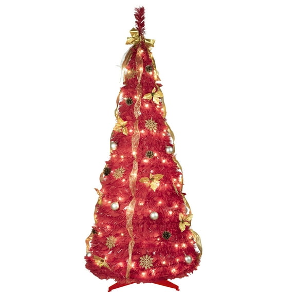 KAAYEE 6FT Pop-Up Pre-Lit Christmas Tree with 150 LED Lights, Gold Ribbon, Bow, Ornaments & Pine Cones, Easy Foldable PVC Holiday Decoration, Red