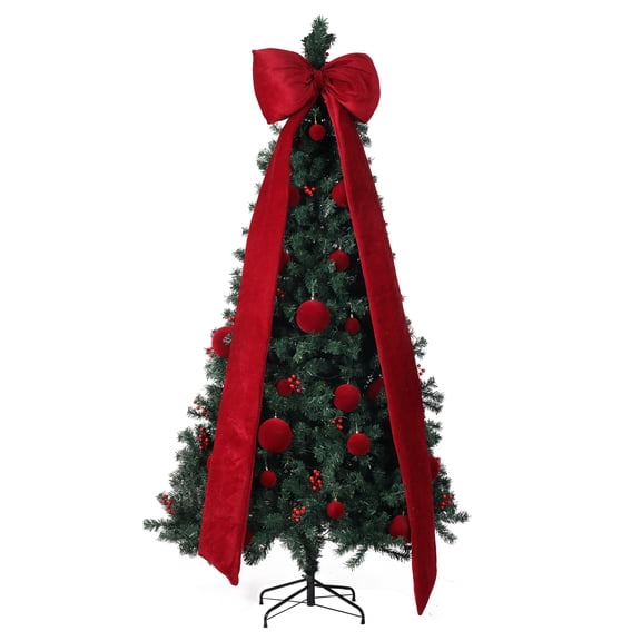 KAAYEE 7.5FT Pre-Lit Christmas Tree with 300 Warm White LED Lights, Hinged Pine Tree with Oversized Red Bow and Ornament Set, DIY Lighting with Remote, Holiday Home Office Party Dcor, Dark Green