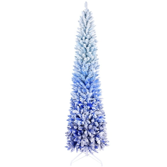 KAAYEE 7ft Blue Gradient Flocked Pencil Christmas Tree with 300 Warm White LED Lights, 725 PVC Tips, Hinged Branches, Slim Space-Saving Design, Metal Stand, Blue
