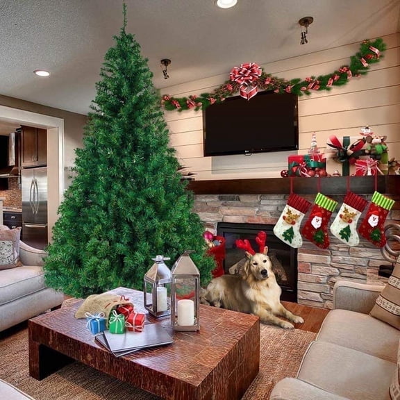 KAAYEE 7ft PVC Artificial Christmas Tree with Metal Stand, Green Pre-Lit Optical Fiber Tree, 1100 Branches Xmas Tree for Home