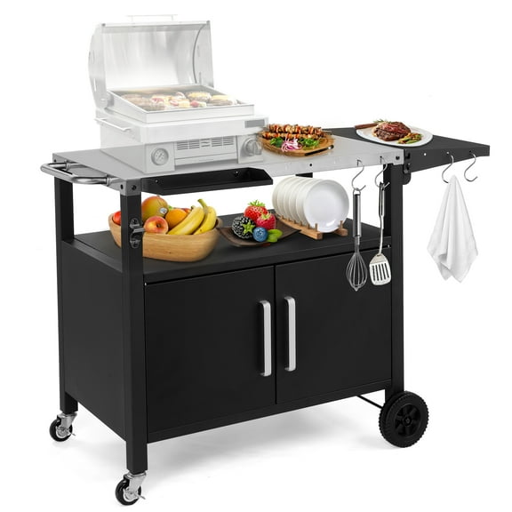 KAAYEE Dining Cart Table with Big Storage Cabinet, Movable Outdoor BBQ Grill Table Pizza Oven Stand, Kitchen Cart Island Multifunction Food Prep Table Stainless Steel Surface