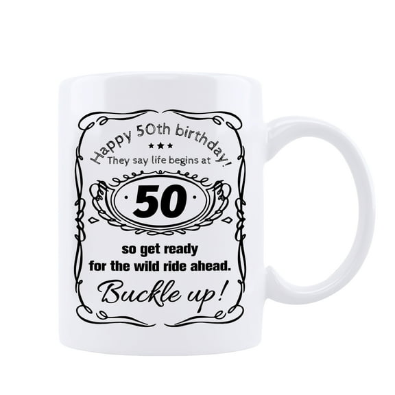 KAAYEE Funny 50th Birthday Gifts for Women Men,Life Begins At 50 Coffee Mug,11 oz Fifth Birthday Tea Cup,White