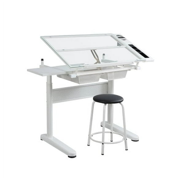 KAAYEE Tempered Glass Drafting Table,Adjustable Height Art Table with Stool and Drawer,White