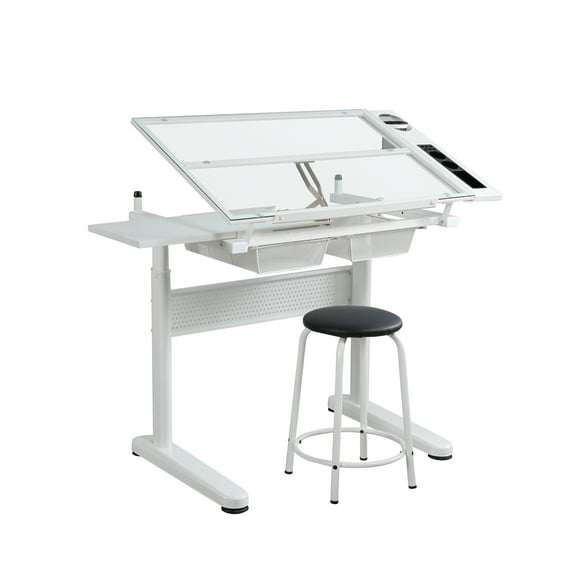 KAAYEE Hand Crank Adjustable Drafting Table Drawing Desk with 2 Metal Drawers (white) WITH STOOL