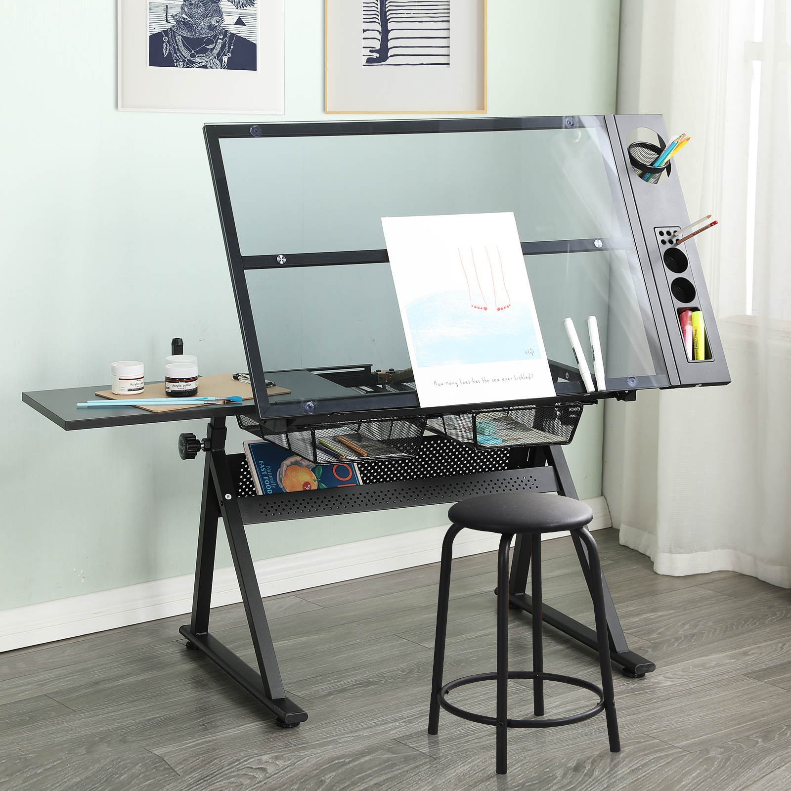 Yaheetech Height Adjustable Glass Drafting Table Artists Tilting