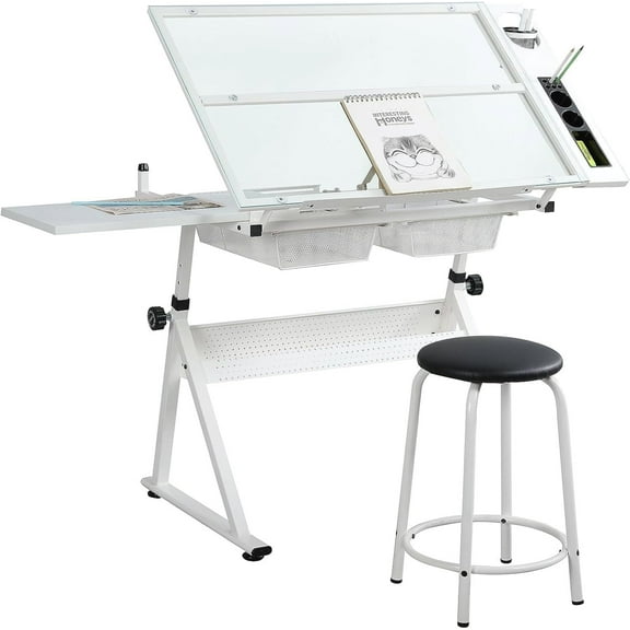KAAYEE Glass Drafting Table for Work,31-50"Height Adjustable Art Desk Drawing Table for Office,White