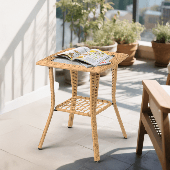 KAAYEE Patio Rattan Coffee Table,Wicker Patio Side Table, Tempered Glass Top End Table for Outdoor Outside Patio Porch Deck Square Beige