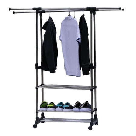 KAAYEE Portable Double-Rod Height Adjustable Clothes Rack with Extendable Bar and Lockable Wheels,Rolling Double Rod Wardrobe Rack for Clothes Belts Shoes and Bags