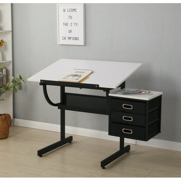 KAAYEE Premium Drawing Draft Table - Height Adjustable Draft Drawing Desk,Up to 72Tiltable Glass top w/Stool and Drawers for Reading, Writing Art Craft Work StationWhite