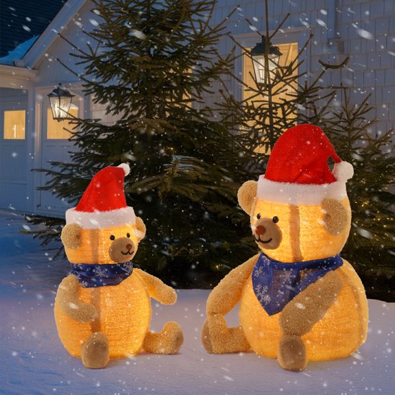 KAAYEE Set of 2 Lighted Plush Bear Christmas Decorations,Pre-lit Pull Up Holiday Decor with 60 Warm White LED Holiday Present, Battery Operated Xmas Gifts Tabletop Ornaments Dinner Party Supplies,