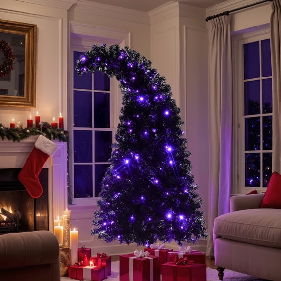 KAAYEE6FT Pre-Lit Curved Black Christmas Tree with LED Lights, Whimsical Hinged Artificial Tree with 900 Branch Tips, 250 Orange & Purple LEDs, Metal Stand