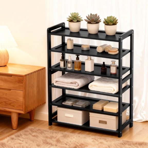 KAAYEEShoe Rack Organizer, 6 Tier Industrial Shoe Storage Shelf,Flat Bamboo Shoe Rack Storage for Front Door Entrance, Free Standing Shoe Rack Organizer for Entryway, Black