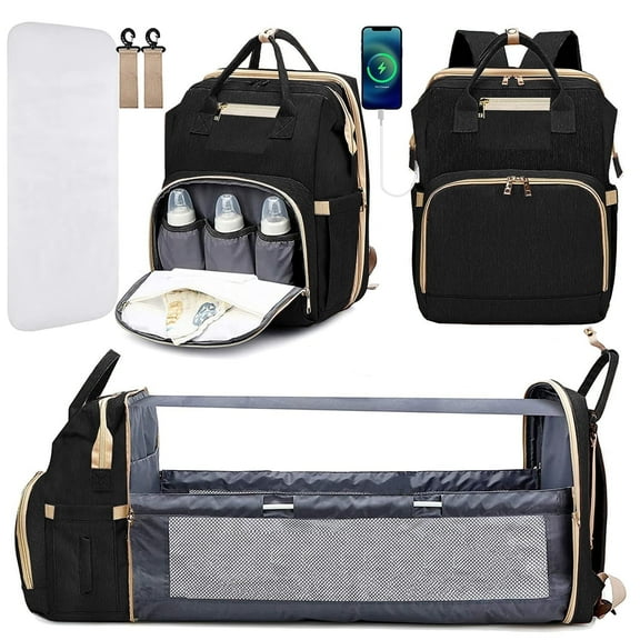 Kabaqoo Diaper Baby Bag Backpack with Changing Station, USB Charging Port & Foldable Crib, Large Capacity Travel Backpack Black