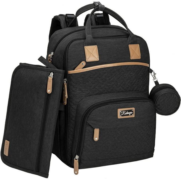 KABAQOO Black Large Unisex Baby Diaper Backpack Multifunction Waterproof Mom Bag with Changing Pad