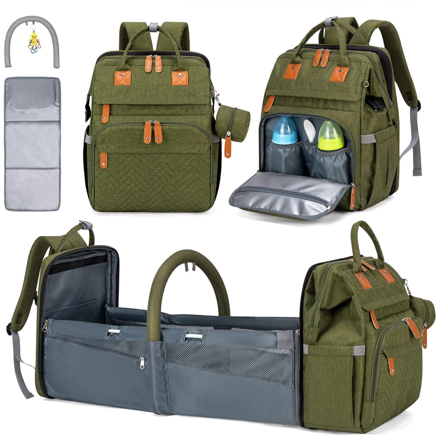 KABAQOO Diaper Bag Backpack, Large Baby Diaper Bags for Boys Girls, Baby Bag with USB Charging Port, Multifunction Waterproof Travel Back Pack for Moms Dads, Army Green