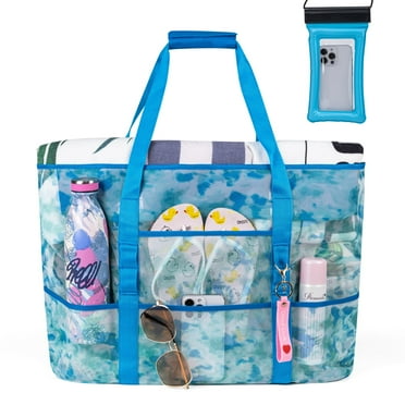 Kabaqoo Large Mesh Beach Bag with Multipocket & Zipper, Waterproof Sandproof Tote Bag for Travel Blue