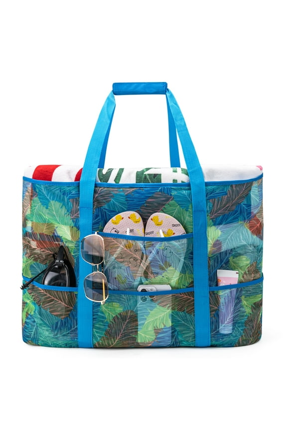 Extra Large Mesh Beach Tote Bags Multipocket Zip Waterproof Sandproof for Travel Pool Green