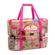 KABAQOO Flamingo Women Extra Large Beach Bag Shop Grocery Bag Mesh Tote Bags with Zipper and Pocket
