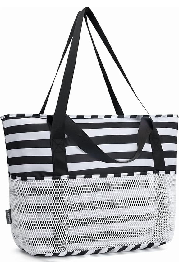 Large Beach Bag Waterproof Sandproof Tote Bag for Women with Zipper & Mesh Pockets for Pool Swim Travel Everyday