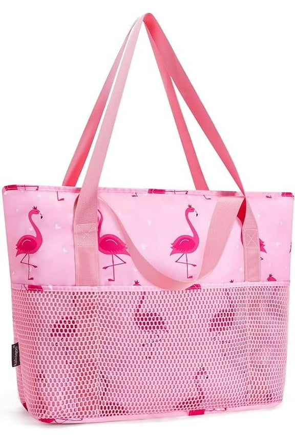 Large Beach Bag Waterproof Sandproof Tote Bag for Women with Zipper & Mesh Pockets for Pool Swim Travel Everyday