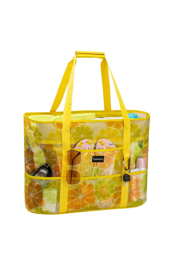 Women Extra Large Beach Bag Shop Grocery Bag Picnic Mesh Tote Bag with Zip and Pocket Lemon