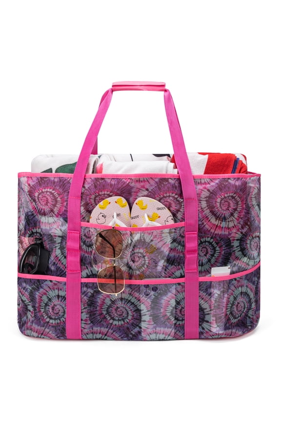 Women Extra Large Mesh Beach Bag Tote Multipocket Zipper Waterproof for Travel Pool Pink