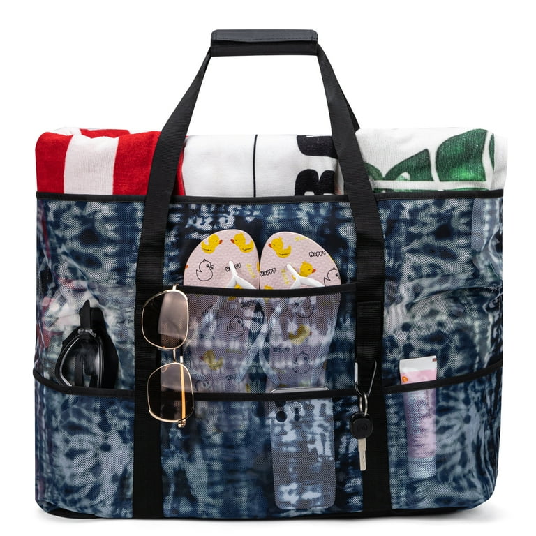 KABAQOO Women's XL Mesh Beach Bag Tote, Multipockets, Zipper