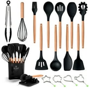 KABB 15 Pcs Silicone Cooking Utensils Kitchen Utensil Set - 446F Heat Resistant,Turner Tongs, Spatula, Spoon, Brush, Whisk,Dessert Models,Wooden Handle Black Kitchen Gadgets with Holder for Nonstick