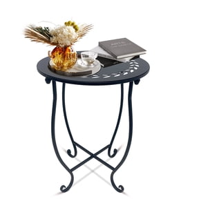 KABB 17-Inch Tall 14 inch Round End Table, Unique Relief Ceramic Tile Tabletop, Metal Scrollwork Accent, Black