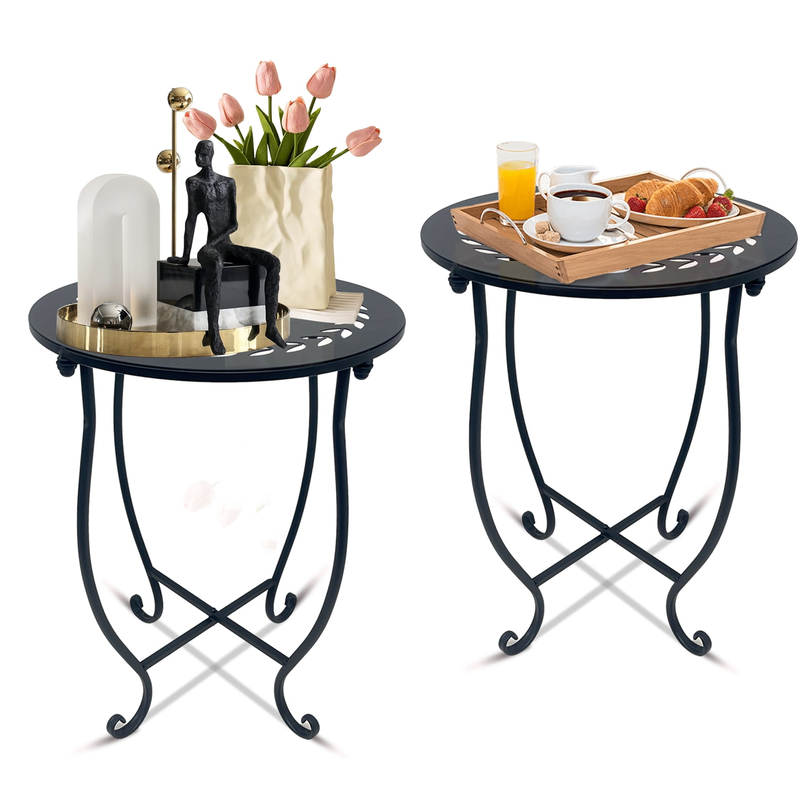 Black Metal 14" Round Outdoor Side Table Set with Decorative Top