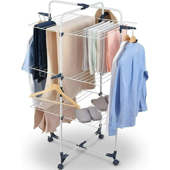 KABB Clothes Drying Rack, 3-Tier Folding Indoor Laundry Drying Rack with Wheels 4 Hooks, Metal, White