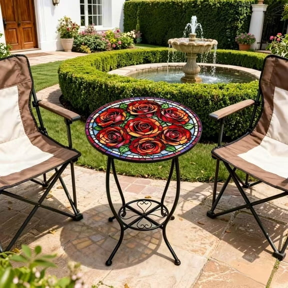 KABB Rose Pattern Metal Side Table, 18" D x 25" H Weather-Resistant Round Accent Table, Anti-Rust Iron Patio End Table with Decorative Legs for Indoor Outdoor, Living Room, Balcony, Garden, Black