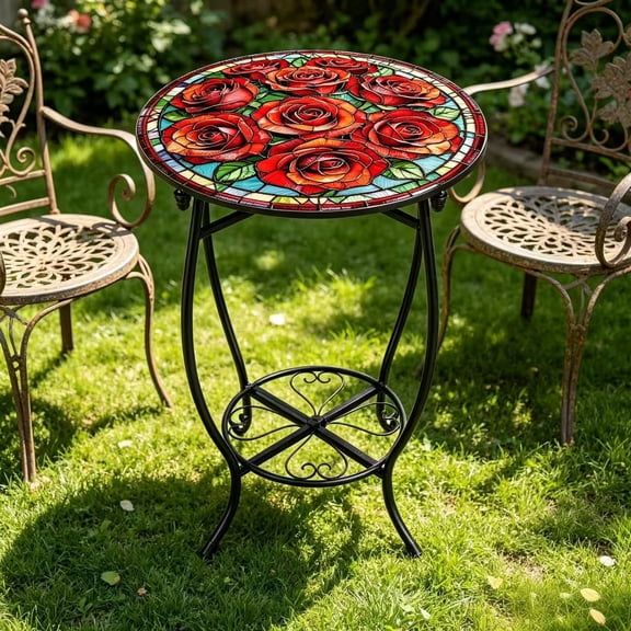 KABB Rose Pattern Metal Side Table, 18" D x 25" H Weather-Resistant Round Accent Table, Anti-Rust Iron Patio End Table with Decorative Legs for Indoor Outdoor, Living Room, Balcony, Garden, Black